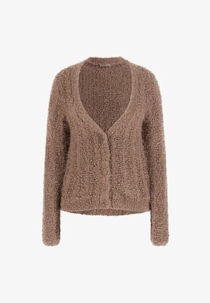 Cardigan marrone peloso con scollatura a V, texture a coste, maniche lunghe e cinque bottoni sul davanti. Materiale morbido e caldo, design casual.