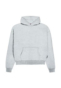 Hellgrauer, gekürzter Hoodie mit einer vorderen Tasche, einer Kapuze mit Kordelzug, gerippten Bündchen und Saum. Weicher Stoff mit glatter Textur.