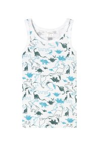 White organic cotton tank top featuring a dino print in blue and dark green, with various dinosaur shapes and foliage patterns.