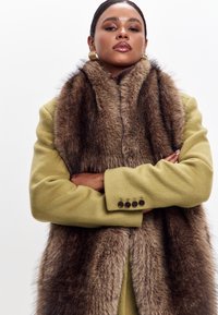 Cappotto in lana verde oliva con una spessa sciarpa in pelliccia sintetica nei toni del marrone. Il cappotto presenta una fila singola di bottoni ai polsini. Tessuto liscio.