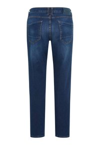 Jeans in denim blu scuro con una texture liscia, caratterizzati da una vita a metà altezza, cinque tasche e cuciture a contrasto. Design a gamba dritta.