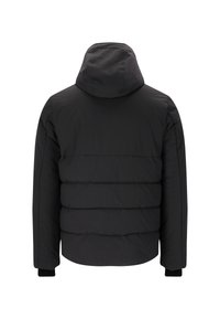 Svart vadderad vinterjacka med huva, visad bakifrån, med horisontella kviltade sektioner och långa ärmar med manschetter.