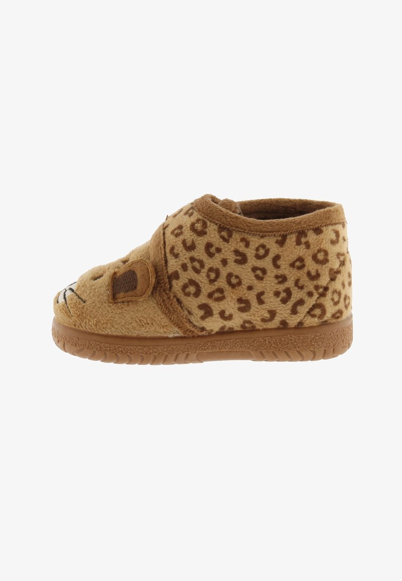 Chausson en peluche brun pour enfant avec un motif léopard, visage d'animal brodé et petites oreilles 3D sur le devant.