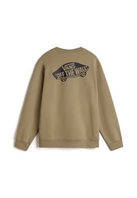 Sudadera beige con cuello redondo, mangas largas y un gran logo negro "VANS 'OFF THE WALL'" impreso en la parte posterior. Textura suave.