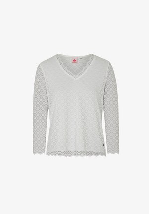 Weißes Spitzenoberteil mit langen Ärmeln, V-Ausschnitt, Rautenmuster und gewelltem Saum. Weicher Stoff mit einer leicht lockeren Passform.