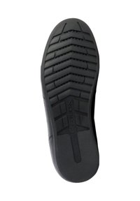 Schwarze Gummisohle mit einem strukturierten, gezackten Profil und einem glatten Abschnitt an der Zehe. Das "GEOX"-Logo ist im Design sichtbar.