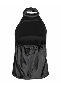 Top noir en satin sans manches avec col halter, taille froncée et fermeture à bouton au niveau du cou.