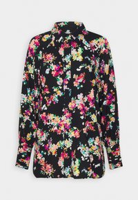 Black floral button-up shirt with colorful flower patterns, long sleeves, and a classic collar. Made from lightweight fabric with a textured finish.
