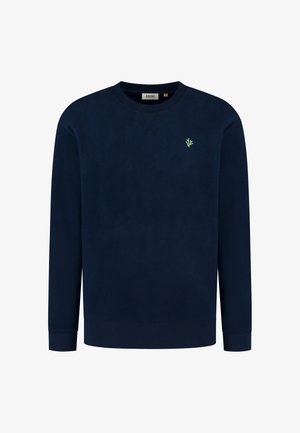 Sweatshirt lung cu mânecă lungă de culoare bleumarin, cu manșete și tiv cu nervuri, guler tip crew neck, broderie mică de corali verzi pe pieptul stâng.