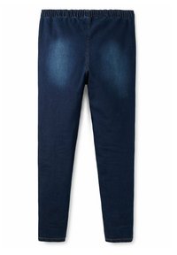 Mörkblå denimleggings med en elastisk midja, smal passform, urtvättade accenter på låren och en mjuk textur.