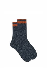 Calzini in misto cotone blu scuro con polsino a coste a righe arancioni. Tessuto a maglia, lunghezza fino a metà polpaccio, punta arrotondata.