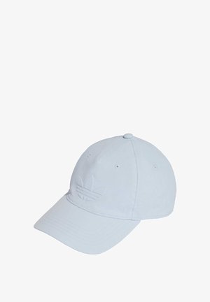 Svijetloplavi bejzbol kapica od tkanine, s utisnutim logotipom s prednje strane, zakrivljenim vizirima i ventilacijskim rupama.