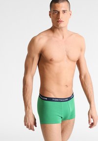 Grüne Baumwoll-Boxershorts mit einem marineblauen Bund, der mit dem "TOM TAILOR"-Logo versehen ist. Glatte Textur, taillierte Passform und eine Länge bis zur Mitte des Oberschenkels.