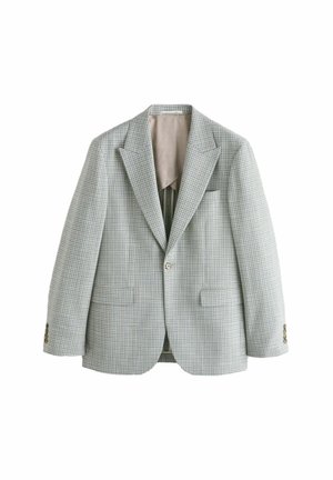 Hellgrauer und weiß kariertes Blazer mit einem Knopf, gekerbtem Revers und zwei vorderen Klappentaschen, auf weißem Hintergrund dargestellt.