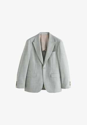 Eénknops lichtgrijze en witte geruite blazer met ingesneden revers en twee voorzakken met klep, weergegeven op een witte achtergrond.