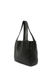 Black tote bag with smooth synthetic leather material, short dual handles, rectangular shape, and minimalistic design.