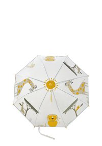 Clear umbrella with yellow animal illustrations, featuring giraffes and a lion. Eight panels with a sun design at the center and a white handle.