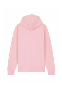 Felpa con cappuccio rosa, realizzata in morbido cotone, presenta un grande cappuccio posteriore, maniche lunghe e polsini e orlo a costine. Nessun elemento grafico visibile.