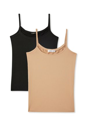 Due top in raso color nero e nude, realizzate in un tessuto morbido. Entrambi presentano spalline sottili e un design semplice e classico.