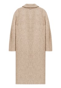 Beige Wollmantel mit strukturiertem Finish, langen Ärmeln, Reverskragen und geradem Schnitt, mit mittellanger Länge.