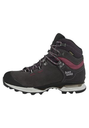 Gray hiking boot with purple accents, made of suede and mesh, featuring a rubber toe cap, lace closure, and durable treaded outsole.