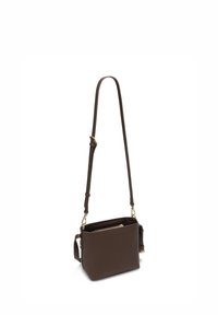 Brown leather crossbody bag with adjustable strap, zippered pocket, and textured finish. Square shape with gold-tone hardware accents.