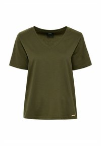 Oliwkowa koszulka z krótkim rękawem w serek, wykonana z miękkiej bawełny, z małym metalicznym akcentem logo na dolnej krawędzi.