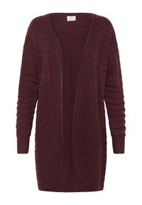 Gilet ouvert bourgogne en tissu tricoté texturé, avec des poignets côtelés et un motif ondulé. Manches longues et coupe décontractée.