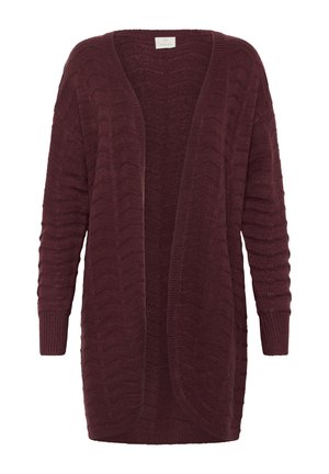Burgundy open-front cardigan made of textured knit fabric, featuring ribbed cuffs and a wavy pattern. Long sleeves and relaxed fit.