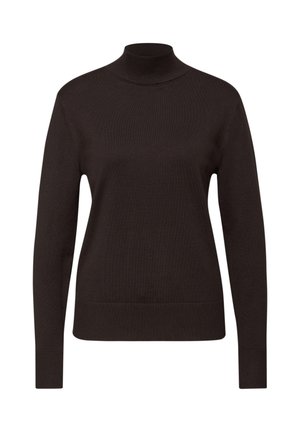 Brązowy sweter w serek wykonany z prążkowanego materiału dzianinowego. Posiada długie rękawy i dopasowany krój o gładkiej strukturze i bez wzorów.