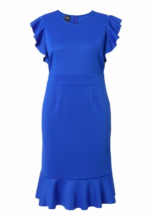Tailliertes blaues Kleid aus glattem Stoff, mit kurzen Rüschensäumen, einem runden Ausschnitt, einer taillierten Taille und einem ausgestellten Saum.