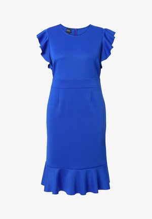 Tilpasset blå kjole lavet af glat stof, med korte flæseærmer, en rund halsudskæring, en markeret talje og en flagrende kant.