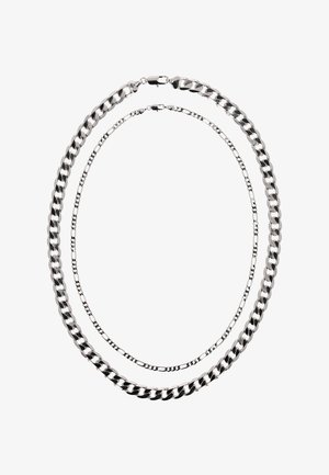 Silver-colored chain necklace set featuring two layers. The top layer is thinner with a smooth finish, while the bottom is thicker with a shiny texture.