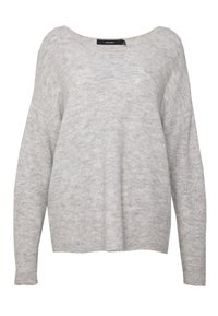 Jasnoszary sweter robiony na drutach z szerokim dekoltem w łódke, długimi rękawami i prążkowaną fakturą. Klasyczny, luźny fason z minimalnymi detalami.