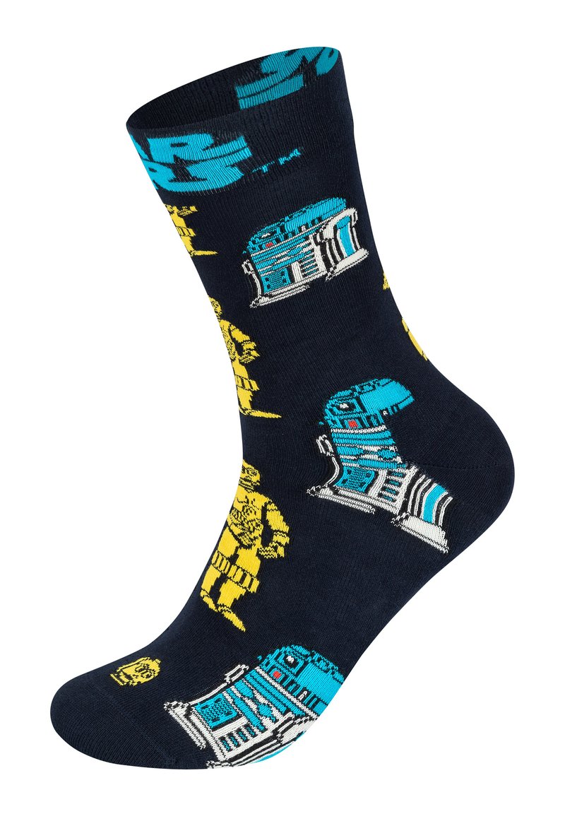 Marineblaue Socken mit bunten grafischen Mustern von Robotern und Droiden, akzentuiert in Blau und Gelb, aus weichem Textilmaterial.