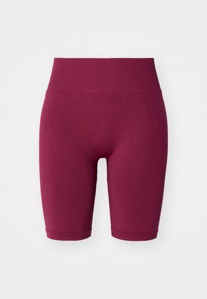 Shorts de vélo bordeaux avec une large taille côtelée, texture sans couture et design longueur genou, adaptés pour le sport.