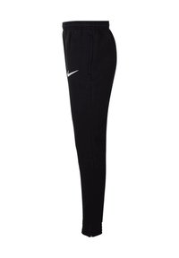 Schwarze Nike Jogginghosen mit elastischem Bund und seitlichen Taschen. Verfügt über ein weißes Nike-Logo an der oberen Oberschenkel und tapered Bündchen mit Reißverschlüssen.