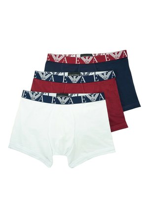 Three pairs of men’s boxer briefs: white, burgundy, and navy. Each features logoed elastic waistbands with a repeating pattern. Cotton material.