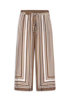 Hosen mit weitem Bein, vertikalen und eckigen weißen Streifen auf beigem Hintergrund, elastischem Bund und Kordelzug vorne.