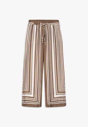 Hosen mit weitem Bein, vertikalen und eckigen weißen Streifen auf beigem Hintergrund, elastischem Bund und Kordelzug vorne.