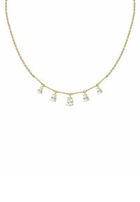 Collana in oro con cinque cristalli trasparenti a goccia pendenti, disposti in fila curva, creando un design elegante e minimalista.