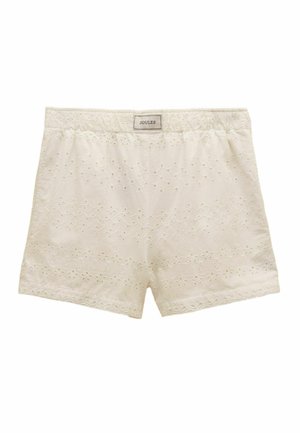 Pantaloni scurți din bumbac de culoarea cremei, cu talie elastică și broderie florală cu găurele, etichetați "Joules" în centrul frontal.