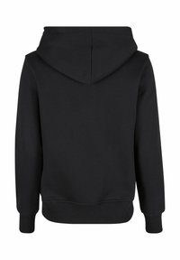 Sweatshirt à capuche noire avec une texture lisse, doté d'une capuche doublée, de manches longues et de côtes à l'ourlet et aux poignets. Vue arrière montrée.