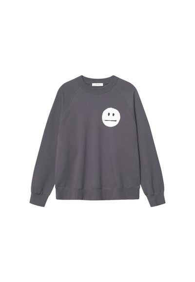 Grauer Sweatshirt aus Baumwolle mit einem runden weißen Grafik mit einem minimalistischen Gesicht auf der Brust, gerippten Bündchen und Saum.