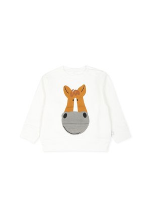 Felpa bianca con un design di volti di cavallo, con un muso grigio e accenti di criniera marrone. Materiale in cotone morbido con maniche lunghe.