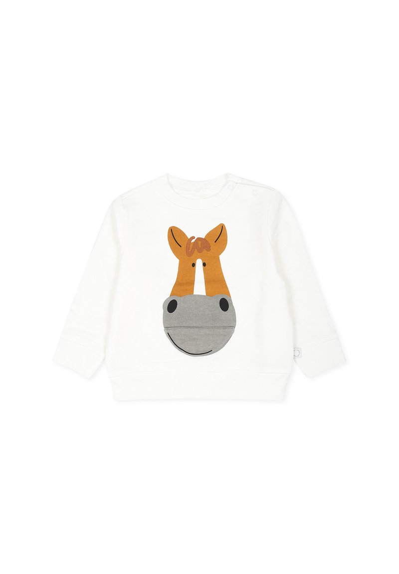 Felpa bianca con un design di volti di cavallo, con un muso grigio e accenti di criniera marrone. Materiale in cotone morbido con maniche lunghe.