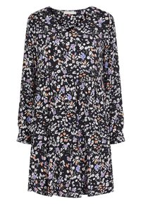 Czarna sukienka w kwiaty z długimi rękawami, dekoltem w serek i warstwowym krojem, zdobiona białymi, fioletowymi i pomarańczowymi wzorami kwiatowymi.