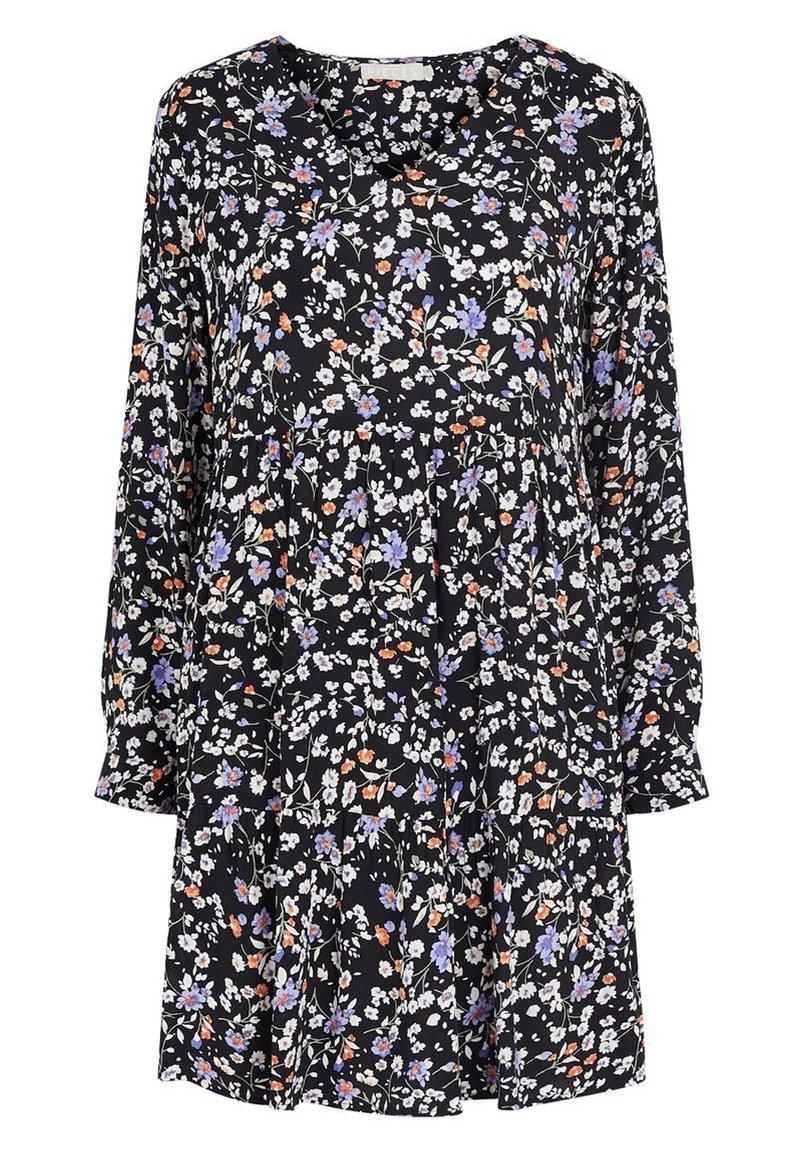 Czarna sukienka w kwiaty z długimi rękawami, dekoltem w serek i warstwowym krojem, zdobiona białymi, fioletowymi i pomarańczowymi wzorami kwiatowymi.