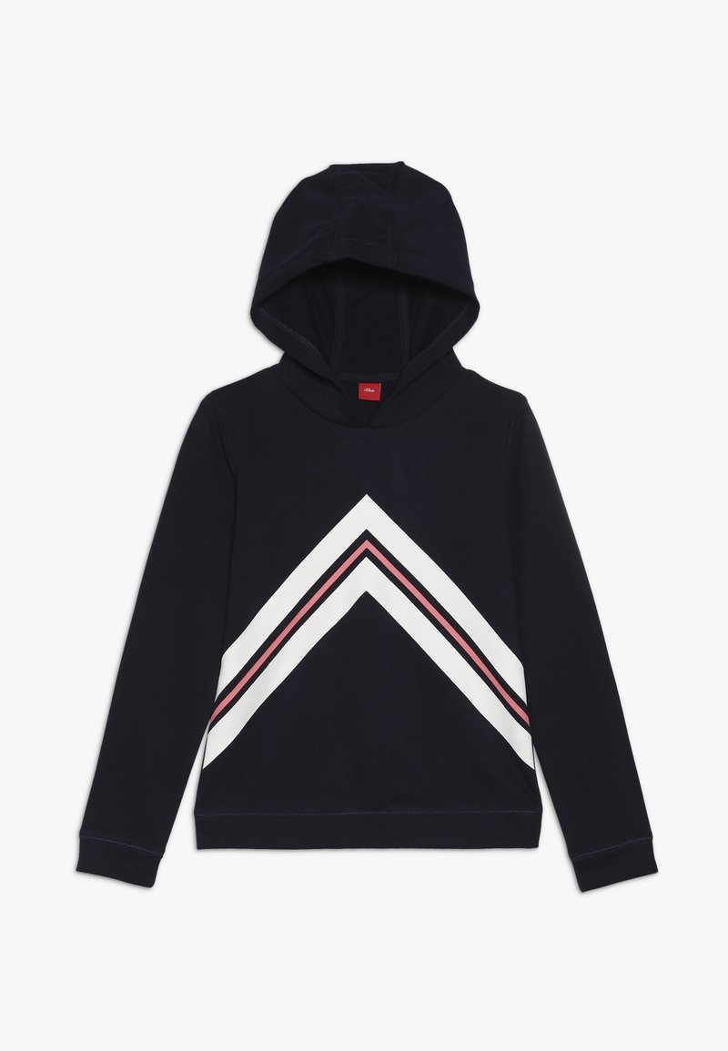 Sudadera azul marino con rayas de chevron blancas y rosas en el pecho, mangas largas y un bolsillo tipo canguro en la parte frontal.