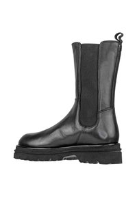 Stivale in pelle nera fino al polpaccio con pannelli laterali elasticizzati, un'elegante linguetta sul retro e una robusta suola in gomma spessa.